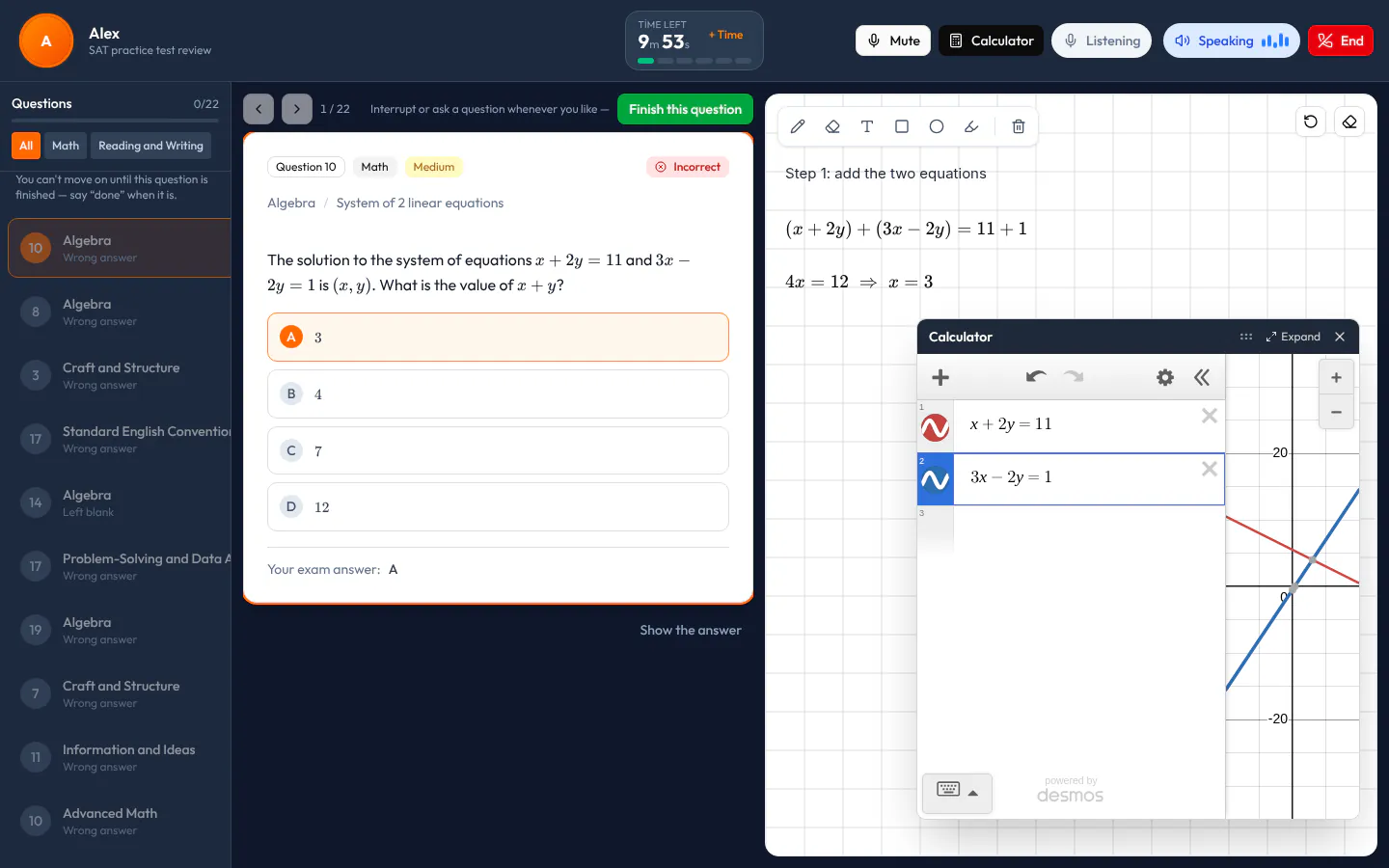 AI Tutor lesson screen: the exam's own Desmos calculator beside the SAT question, with the two lines the student typed and where they cross; the solution steps on the board.