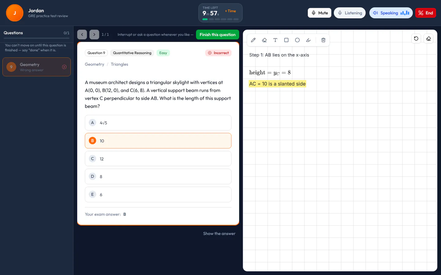 AI Tutor lesson screen: the wrong and blank questions on the left, a GRE Quantitative question on the height of a triangle in the middle, and the tutor's steps written one under another on the board on the right.